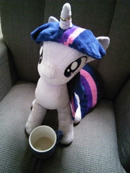 Size: 1944x2592 | Tagged: artist needed, safe, imported from derpibooru, twilight sparkle, chair, coffee, coffee mug, cute, horn ring, irl, jin, photo, plushie