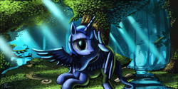 Size: 1600x800 | Tagged: safe, artist:auroriia, imported from derpibooru, princess luna, crepuscular rays, female, forest, prone, solo, spread wings, water