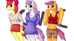 Size: 1784x988 | Tagged: safe, artist:mojo1985, imported from derpibooru, apple bloom, scootaloo, sweetie belle, anthro, cleavage, clothes, cutie mark crusaders, dress, female, midriff, skirt, tanktop