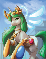 Size: 800x1013 | Tagged: safe, artist:ajin, imported from derpibooru, pony, unicorn, goddess, kid icarus, kid icarus: uprising, palutena, ponified, raised hoof, smiling, solo