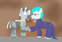 Size: 896x608 | Tagged: safe, artist:minty candy, imported from derpibooru, oc, oc only, oc:minty candy, oc:nikolai, cyborg, pony, unicorn, zebra, fallout equestria, fallout equestria: occupational hazards, clothes, glasses, power armor, story