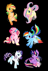 Size: 1926x2856 | Tagged: safe, artist:fuyusfox, imported from derpibooru, applejack, fluttershy, pinkie pie, rainbow dash, rarity, twilight sparkle, alicorn, pony, black background, chibi, colored wings, female, mane six, mare, multicolored hair, multicolored wings, rainbow hair, rainbow power, rainbow power-ified, rainbow tail, rainbow wings, simple background, twilight sparkle (alicorn), watermark, wings