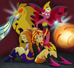 Size: 1226x1131 | Tagged: safe, artist:catlover1672, imported from derpibooru, adagio dazzle, sunset shimmer, siren, equestria girls, addolorato dazzle, boots, clothes, crying, sad, skirt, sunsad shimmer, sunset satan, true form