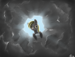 Size: 1600x1200 | Tagged: safe, artist:luminousdazzle, imported from derpibooru, derpy hooves, pegasus, pony, :o, cloud, cloudy, crepuscular rays, female, looking at you, looking down, mare, solo