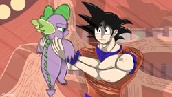 Size: 1920x1080 | Tagged: safe, artist:malamol, imported from derpibooru, spike, saiyan, :t, crossover, dragon ball, dragon ball z, frown, glare, goku, holding, male, son goku, this will end in tears, unamused, wavy mouth, wide eyes