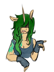 Size: 500x661 | Tagged: safe, artist:twitchygreyfox, imported from derpibooru, oc, oc only, oc:splendid sigh, anthro, unicorn, clothes, hair over eyes, tattoo