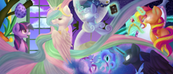 Size: 1400x600 | Tagged: safe, artist:partycannoninc, imported from derpibooru, nightmare moon, princess celestia, star swirl the bearded, sunset shimmer, twilight sparkle, pony, big crown thingy, book, egg, element of magic, glowing eyes, magic, telekinesis