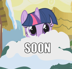 Size: 752x718 | Tagged: safe, edit, edited screencap, imported from derpibooru, screencap, twilight sparkle, winter wrap up, bush, cropped, female, image macro, impact font, looking at you, meme, snow, solo, soon