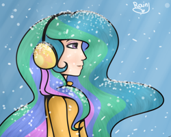 Size: 1024x819 | Tagged: safe, artist:nika-rain, imported from derpibooru, princess celestia, human, earmuffs, female, humanized, snow, snowfall, solo