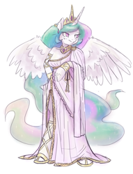 Size: 980x1280 | Tagged: safe, artist:king-kakapo, imported from derpibooru, princess celestia, alicorn, anthro, arm hooves, clothes, dress, female, sketch, solo