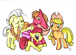 Size: 600x436 | Tagged: safe, artist:dinseyfreak, imported from derpibooru, apple bloom, applejack, big macintosh, granny smith, earth pony, pony, apple family, apple siblings, male, simple background, stallion, traditional art