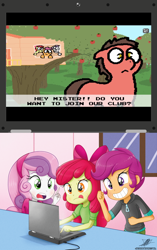 Size: 1108x1765 | Tagged: safe, artist:pokehidden, artist:the-butch-x, edit, imported from derpibooru, apple bloom, scootaloo, sweetie belle, oc, oc:big brian, pony, banned from equestria daily, equestria girls, clubhouse, computer, crusaders clubhouse, crusaders on laptop meme, cutie mark crusaders, exploitable meme, laptop computer, meme, this will end in jail time