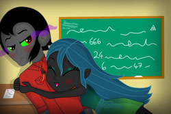 Size: 1500x1000 | Tagged: safe, artist:terezas474747, imported from derpibooru, king sombra, queen chrysalis, equestria girls, blushing, chalkboard, chrysombra, equestria girls-ified, female, glomp, happy, hug, male, shipping, straight