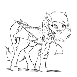 Size: 894x894 | Tagged: safe, artist:mykegreywolf, imported from derpibooru, oc, oc only, oc:professoranna, clothes, cute, monochrome, pregnant, saddle bag, scarf, shirt, sketch, solo, wings, wip