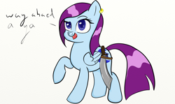 Size: 1440x860 | Tagged: safe, artist:ask-auroramystery, imported from derpibooru, oc, oc only, oc:aurora mystery, looking at you, open mouth, pirate, raised eyebrow, raised hoof, reply, smiling, solo, sword, weapon