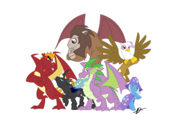 Size: 1024x768 | Tagged: safe, artist:jo-bac, imported from derpibooru, garble, gilda, scorpan, spike, trixie, changeling, dragon, griffon, pony, unicorn, female, mare, older, older spike, simple background, transparent background, wings