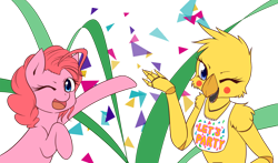 Size: 1280x751 | Tagged: safe, artist:dieva4130, imported from derpibooru, pinkie pie, earth pony, pony, celebration, chica, crossover, duo, five nights at freddy's, five nights at freddy's 2, one eye closed, toy chica, wink