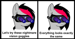 Size: 784x408 | Tagged: safe, artist:lazerblues, imported from derpibooru, oc, oc only, oc:miss eri, /mlp/, black and red mane, emo, nightmare vision goggles, two toned mane