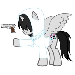 Size: 960x960 | Tagged: safe, imported from derpibooru, oc, oc only, oc:moondark, alicorn, pony, pony creator, alicorn oc, clothes, edgy, frown, gun, hoodie, pointing, solo, spread wings