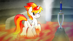 Size: 1024x576 | Tagged: safe, artist:drawponies, imported from derpibooru, oc, oc only, oc:flamerunner, alicorn, pony, female, lava, solo, sword