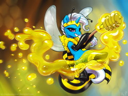 Size: 1500x1125 | Tagged: safe, artist:kp-shadowsquirrel, imported from derpibooru, trixie, bee, pony, unicorn, clothes, costume, female, flying, grin, honey, honey dipper, latex, mare, solo