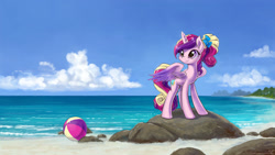 Size: 1920x1080 | Tagged: safe, artist:kp-shadowsquirrel, imported from derpibooru, princess cadance, alicorn, pony, beach, beach ball, bow, chest fluff, cloud, cute, cutedance, female, hair bow, ocean, sky, smiling, solo, teen princess cadance, wallpaper, younger