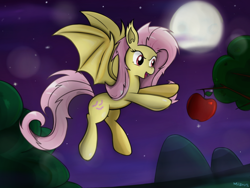 Size: 1400x1050 | Tagged: safe, artist:milanoss, imported from derpibooru, fluttershy, bat pony, pony, apple, bat wings, female, flutterbat, flying, full moon, moon, night, open mouth, race swap, reaching, red eyes, solo, spread wings, wings