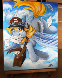 Size: 914x1140 | Tagged: safe, artist:dvixie, deleted from derpibooru, imported from derpibooru, derpy hooves, pegasus, pony, acrylic painting, cap, female, flying, hat, letter, mailbag, mailmare, mare, mouth hold, solo, traditional art