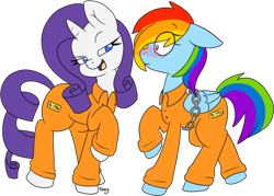 Size: 600x430 | Tagged: safe, artist:insane-feyaan, imported from derpibooru, rainbow dash, rarity, pegasus, pony, unicorn, bend over, bound wings, clothes, female, lesbian, prison outfit, prisoner rd, prisoner ry, raridash, shipping