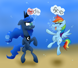 Size: 1024x896 | Tagged: safe, artist:uwdr-64, imported from derpibooru, princess luna, rainbow dash, bubble, funny, laughing, underwater