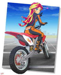 Size: 1000x1225 | Tagged: safe, artist:uotapo, imported from derpibooru, sunset shimmer, human, equestria girls, ass, boots, bunset shimmer, butt, clothes, cute, dirt bike, female, gloves, heart, jumpsuit, looking at you, motorcross, motorcycle, motorcycle outfit, one eye closed, racing suit, shimmerbetes, shoes, smiling, solo, wink