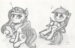 Size: 3284x2095 | Tagged: safe, artist:pxtt, imported from derpibooru, derpy hooves, princess celestia, pegasus, pony, ear fluff, female, frown, grayscale, hoof hold, looking back, mare, mirror, monochrome, music notes, on back, question mark, scroll, simple background, sitting, smiling, sunbathing, traditional art