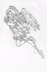 Size: 2137x3271 | Tagged: safe, artist:pxtt, imported from derpibooru, fluttershy, human, angel, beautiful, clothes, female, fluttershy the angel, flying, grayscale, halo, humanized, monochrome, simple background, smiling, solo, song in the comments, traditional art, winged humanization