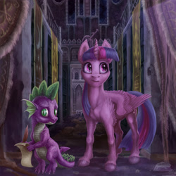 Size: 2000x2000 | Tagged: safe, artist:gor1ck, imported from derpibooru, spike, twilight sparkle, alicorn, pony, castle of the royal pony sisters, detailed, female, mare, twilight sparkle (alicorn), uncanny valley