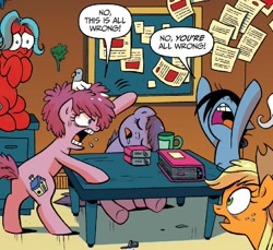Size: 772x707 | Tagged: safe, artist:brendahickey, idw, imported from derpibooru, applejack, mayor mare, run-around, wooly, bird, earth pony, pigeon, pony, spoiler:comic, spoiler:comicff15, book, butt, drool, female, guano, mare, plot, poop, sleeping