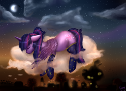 Size: 2000x1457 | Tagged: safe, artist:kinjareta, imported from derpibooru, princess luna, twilight sparkle, alicorn, pony, clothes, cloud, cloudy, female, golden oaks library, mare, night, sleeping, socks, solo focus, twilight sparkle (alicorn)