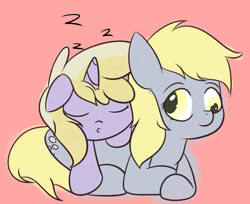 Size: 1161x948 | Tagged: safe, artist:kimmychan1, imported from derpibooru, derpy hooves, dinky hooves, pegasus, pony, cuddling, cute, equestria's best mother, eyes closed, female, mare, on top, prone, sleeping, smiling, snuggling, zzz