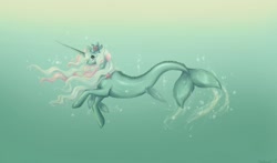 Size: 1165x686 | Tagged: safe, artist:january-joy, imported from derpibooru, seaflower, merpony, unicorn, bubble, crepuscular rays, female, fish tail, flower, flower in hair, flowing mane, flowing tail, g1, horn, jewelry, long horn, necklace, ocean, pearl necklace, species swap, swimming, tail, underwater, water