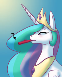 Size: 525x654 | Tagged: safe, artist:mistermech, imported from derpibooru, princess celestia, alicorn, pony, crown, cute, cutelestia, eyes closed, female, happy, jewelry, kazoo, mare, music notes, musical instrument, regalia, sillestia, silly, silly pony, smiling, solo