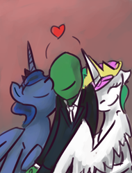 Size: 700x923 | Tagged: artist needed, safe, imported from derpibooru, princess celestia, princess luna, oc, oc:anon, human, pony, anon gets all the mares, cuddling, cute, eyes closed, heart, hug, human on pony snuggling, lucky bastard, nuzzling, smiling, snuggling, trio, winghug