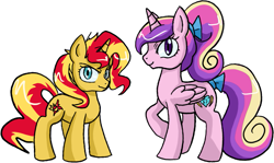 Size: 783x467 | Tagged: safe, artist:archeopony, imported from derpibooru, princess cadance, sunset shimmer, alicorn, pony, unicorn, looking at you, messy mane, raised hoof, simple background, smiling, smirk, tail bow, teen princess cadance, white background