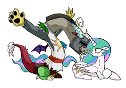 Size: 1656x1160 | Tagged: safe, artist:archeopony, imported from derpibooru, discord, princess celestia, alicorn, draconequus, pony, armor, blushing, dark souls, duo, duo male and female, female, floppy ears, folded wings, frown, grin, helmet, looking at each other, looking at someone, male, mare, mismatched wings, missing accessory, praise the sun, prone, simple background, smiling, solaire of astora, spread wings, white background, wide eyes, wings