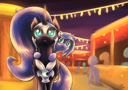 Size: 2046x1447 | Tagged: dead source, safe, artist:lovelyneckbeard, imported from derpibooru, nightmare moon, princess luna, alicorn, pony, unicorn, comic:dream away, :o, carnival, cute, duality, female, filly, japanese summer festival, looking up, luna riding nightmare moon, mare, nicemare moon, nightmare luna, ponies riding ponies, riding, self ponidox, self riding, woona, younger