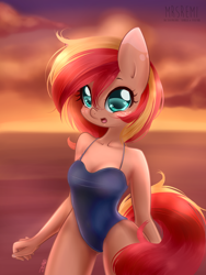 Size: 1600x2127 | Tagged: safe, artist:mrsremi, imported from derpibooru, oc, oc only, anthro, clothes, one-piece swimsuit, solo, sunset, swimsuit