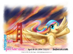 Size: 1000x739 | Tagged: safe, artist:slifertheskydragon, imported from derpibooru, oc, oc only, oc:golden gates, pegasus, pony, babscon, babscon 2014, babscon mascots, flying