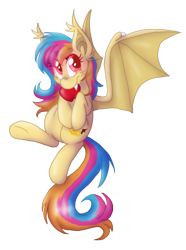 Size: 1605x2152 | Tagged: safe, artist:ashleynicholsart, deleted from derpibooru, imported from derpibooru, oc, oc only, oc:golden gates, bat pony, pony, apple, babscon, babscon mascots, cute