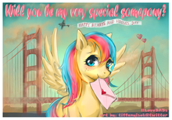 Size: 1024x718 | Tagged: safe, artist:tiffanyisok, imported from derpibooru, oc, oc only, oc:golden gates, pegasus, pony, aircraft, babscon, babscon mascots, golden gate bridge, heart, hearts and hooves day, letter, pink text