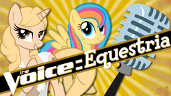 Size: 1024x579 | Tagged: safe, imported from derpibooru, oc, oc only, oc:golden gates, oc:tara strong, oc:taralicious, pegasus, pony, unicorn, babscon, babscon mascots, microphone, tara strong, voice actor