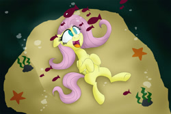 Size: 1600x1066 | Tagged: safe, artist:uwdr-64, imported from derpibooru, fluttershy, fish, bubble, happy, underwater, watershy