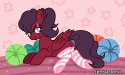 Size: 3413x2068 | Tagged: safe, artist:xwhitedreamsx, imported from derpibooru, oc, oc only, pony, clothes, female, mare, smiling, socks, solo, striped socks, underhoof